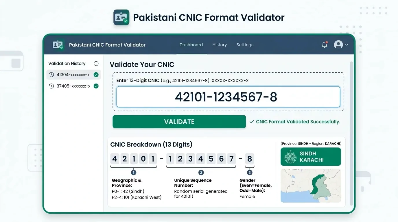 Pakistani CNIC 13-Digit Format Validator and Administrative Region Decoder Interface