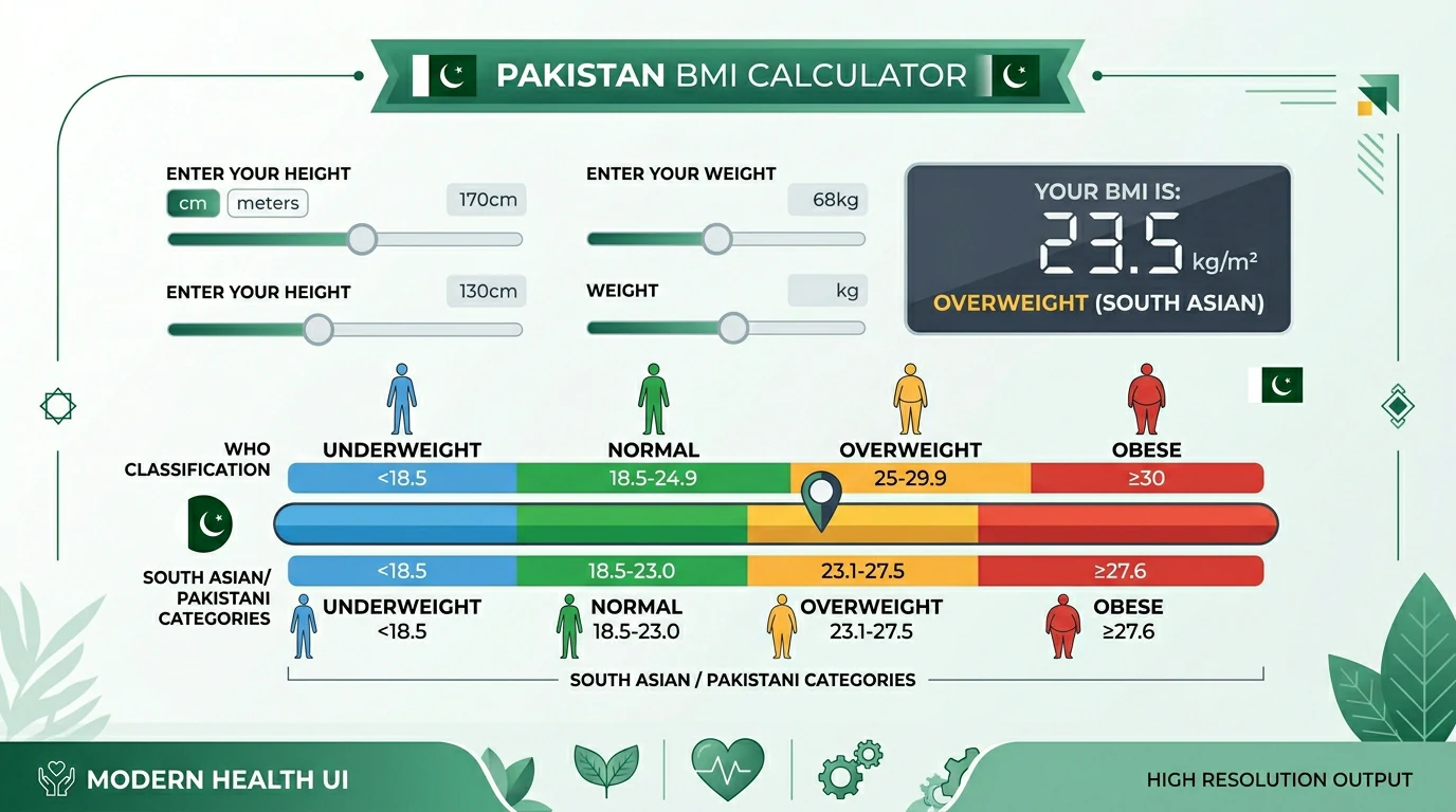 BMI Calculator Pakistan showing Body Mass Index categories and WHO Asian ideal range