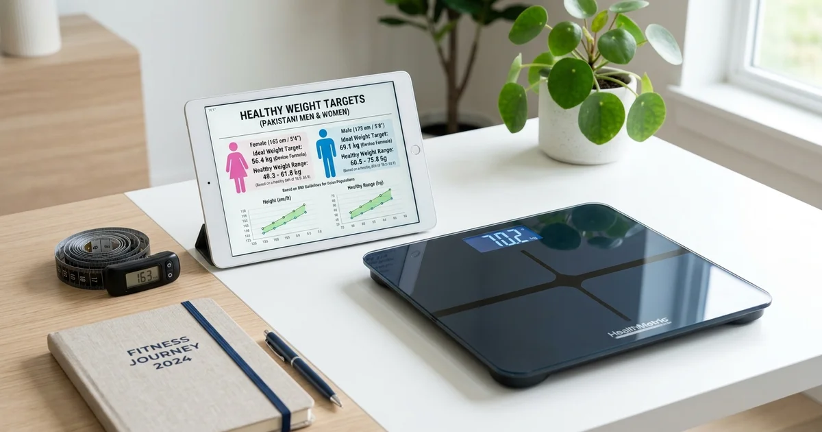 Ideal Weight Calculator Pakistan interface displaying Devine formula and BMI healthy target range results for height